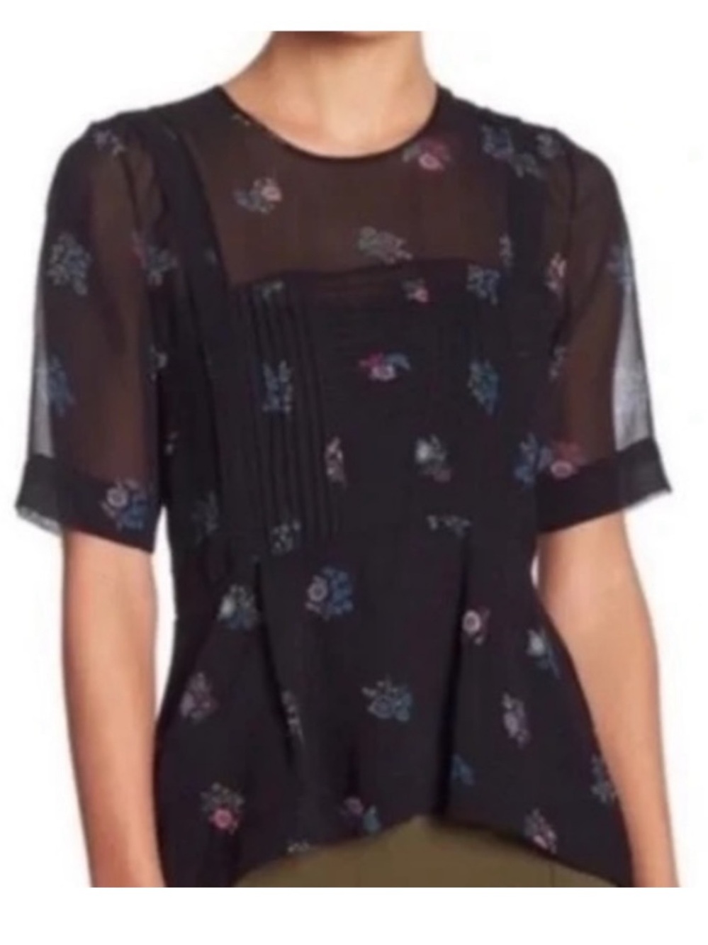 Veronica Beard 100% Silk Floral Peplum Blouse Sheer Black S
